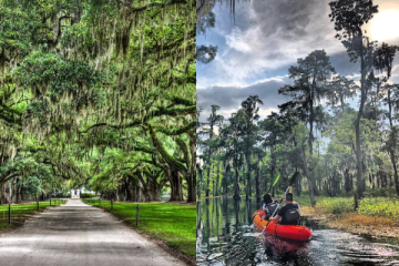 photo of the whitney plantation and the manchac swamp with two people kayaking