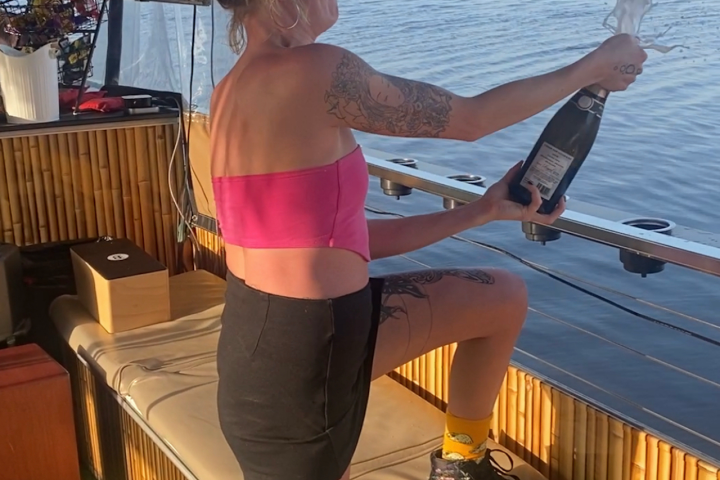 a woman sitting on a boat
